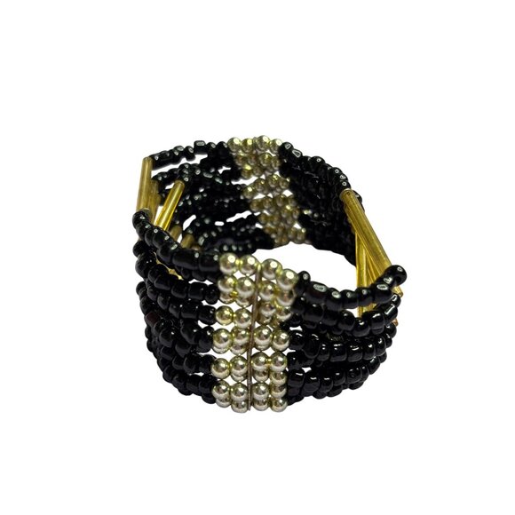 Black Goldtone Silvertone Beaded Stretch Bracelet Seed Beads Metallic Accents - Picture 4 of 5